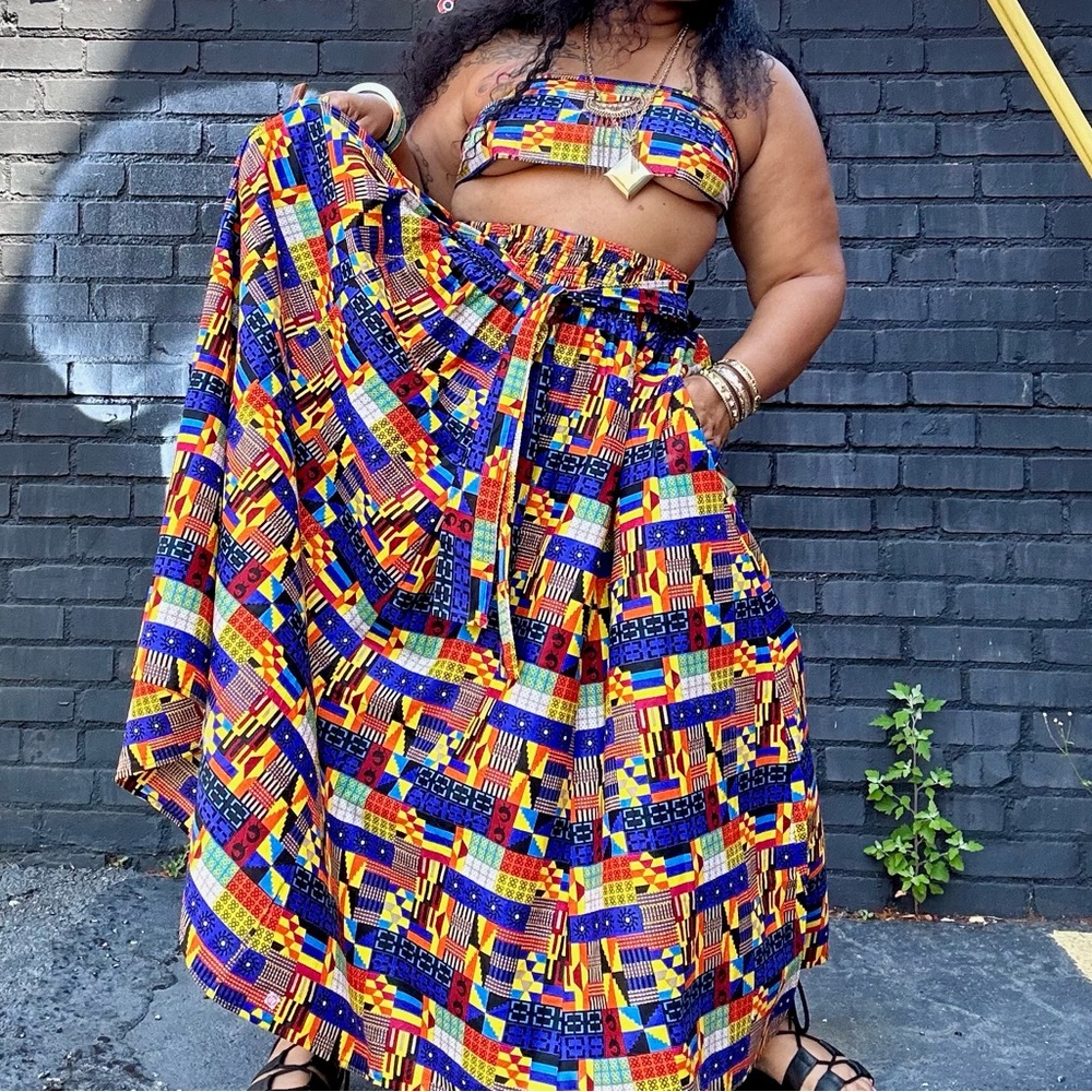 Tribal Abstract Mix Wax Print Cotton Tie Waist Maxi Skirt One Size Plus Size - Picture 5 of 12